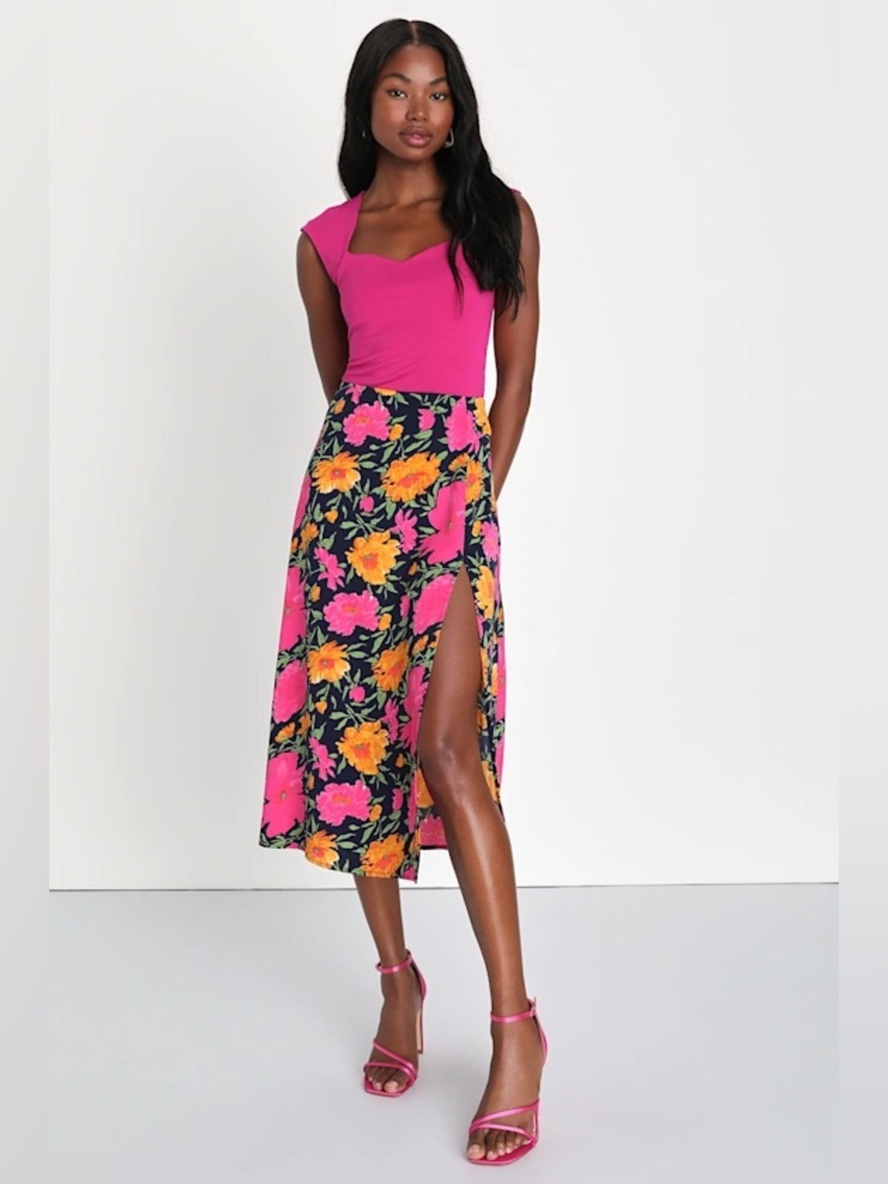 Lulus Playful Elegance Navy and Pink Floral Print High-Rise Midi Skirt Medium